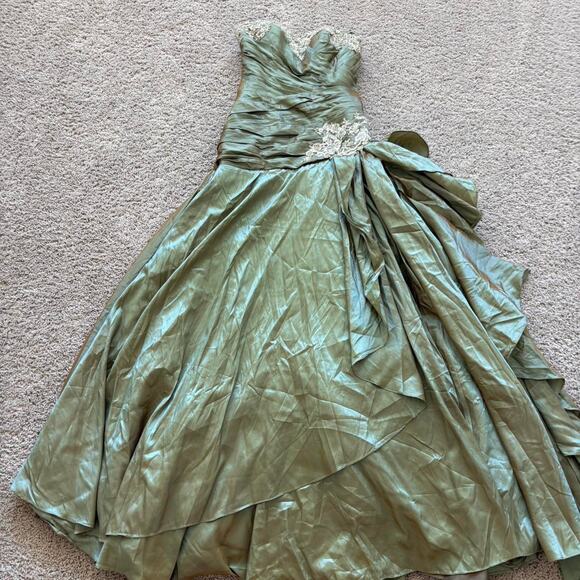 Vintage 90’s Elegant Sage Green Strapless Prom Gown with Draped Skirt - Picture 1 of 5